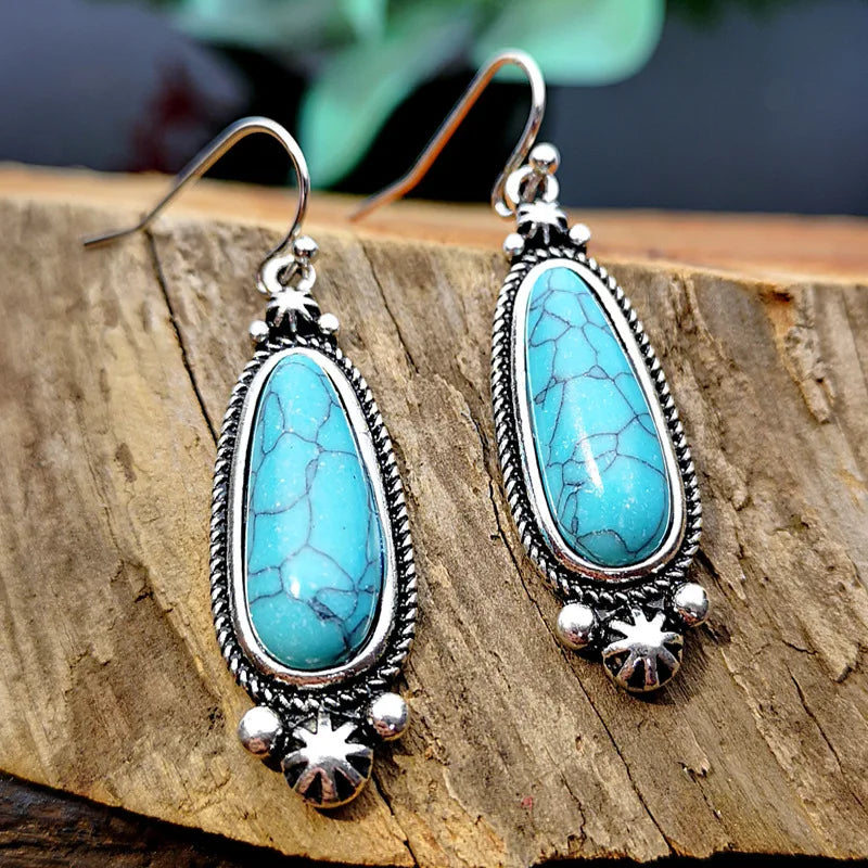 Creative Pop Exquisite European and American Turquoise Retro Teardrop Metal Earrings