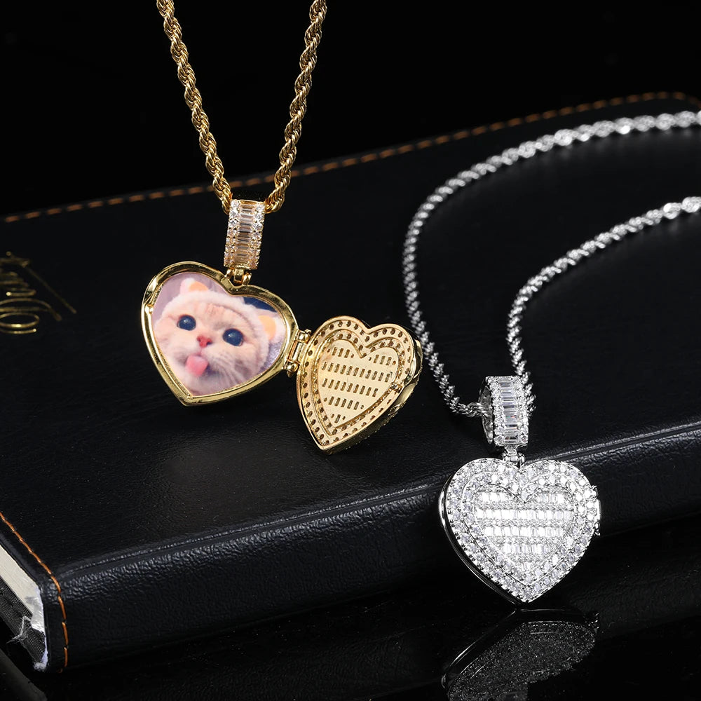 Men Hip Hop Jewelry Gold Plated Cubic Zirconia Heart Pendant Custom Photo Pendant Necklace