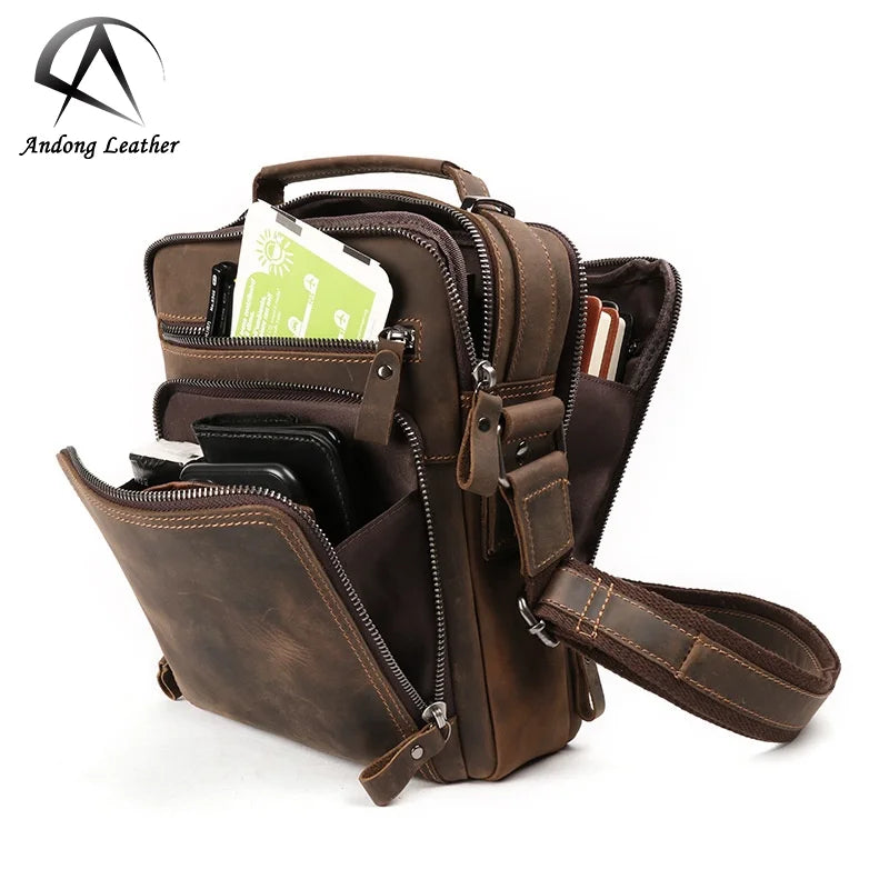 Andong Retro Fashion Messenger Bag for Men Genuine Cow Leather Shoulder Bag Business Casual Crazy Horse Leather Messenger Pocket