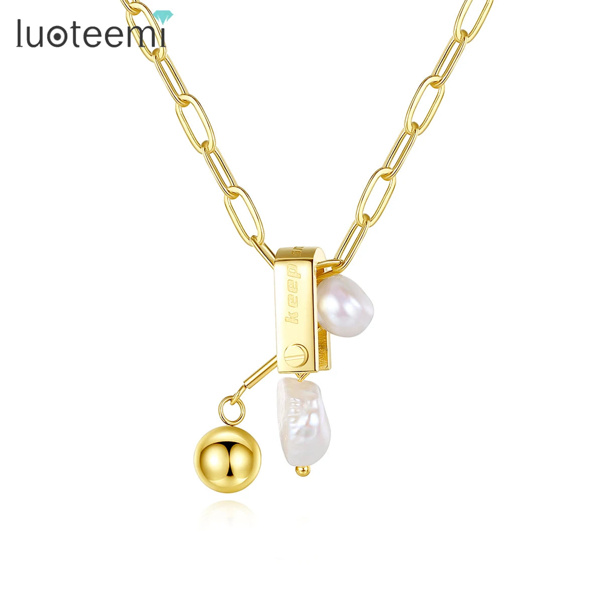 SP-LAM Fashion Girls Designer Pendant Stainless Steel Chain Link Woman Jewelry Rice Pearl Gold Trendy Necklace