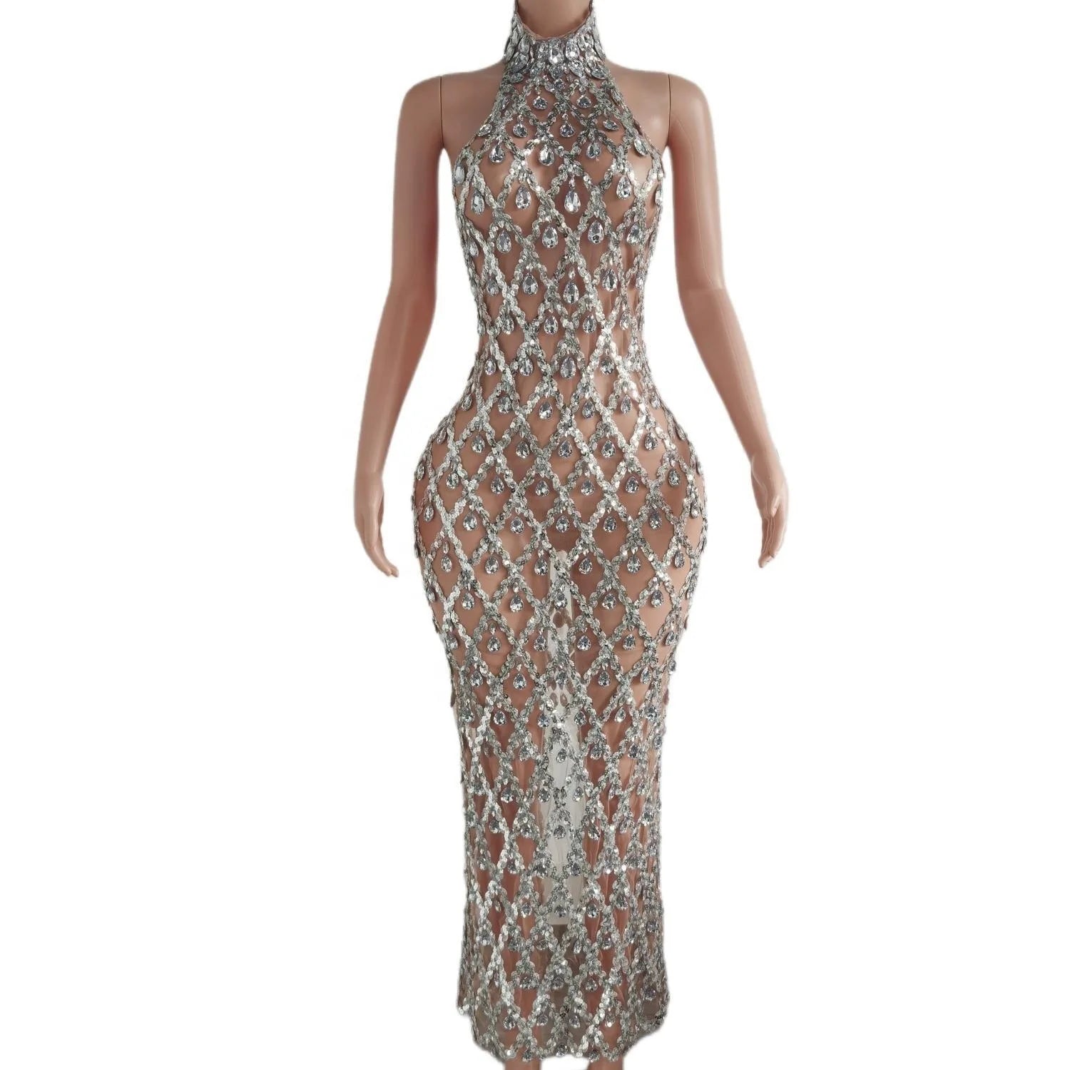 Luxury Transparent Rhinestone Sequin Dinner Gown Ladies Backless Birthday Wedding Formal Long Dress Women Banquet Evening Dress