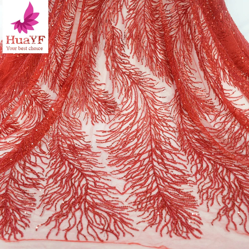 Red Color African Handmade Beaded Lace With Sequins Lace for 5 Yards for Nigeria Wedding Lace HY1591-3