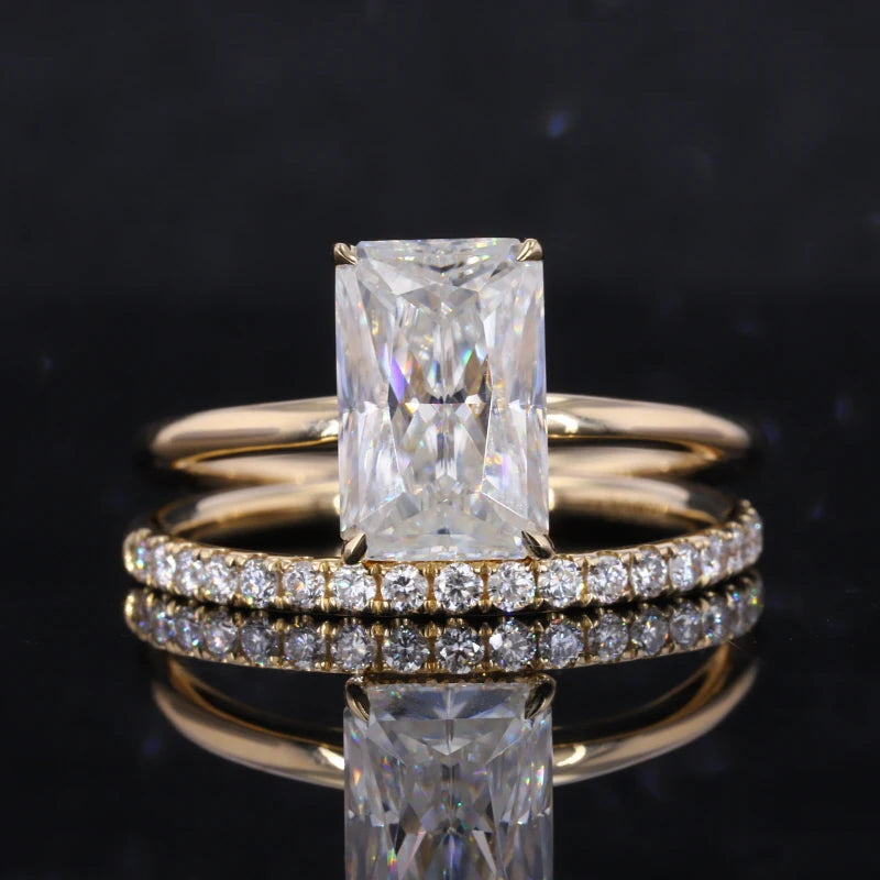 Starsgem 14k Yellow Solid Gold Radiant Crushed Ice Moissanite Ring with Hidden halo Eternity Band Ring Set