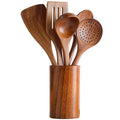 Epsilon Eco Friendly Biodegradable ReusableBamboo Teak Wooden Kitchen Spatula Spoon Cooking Tools Utensils Set With Utensils Holder/