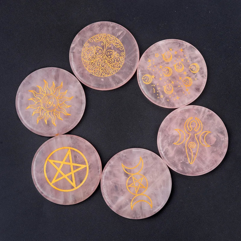 HZ Natural Crystal Disc 55mm Energy Stone Base Carved Tree Life Star Moon Reiki Inspirational Healing Chakra Stones