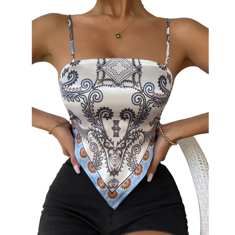 Women Summer Crop Top Sexy Backless Paisley Print Asymmetrical Hem Tie Back Cami Top Ladies Holiday Clothes
