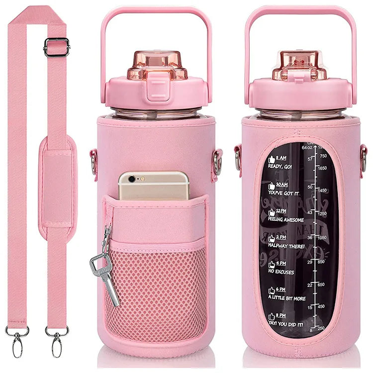 Half Gallon Water Bottle 64oz Motivational Straw Drinking Bottle Time Marker Leakproof Gym Bottle with Sleeve