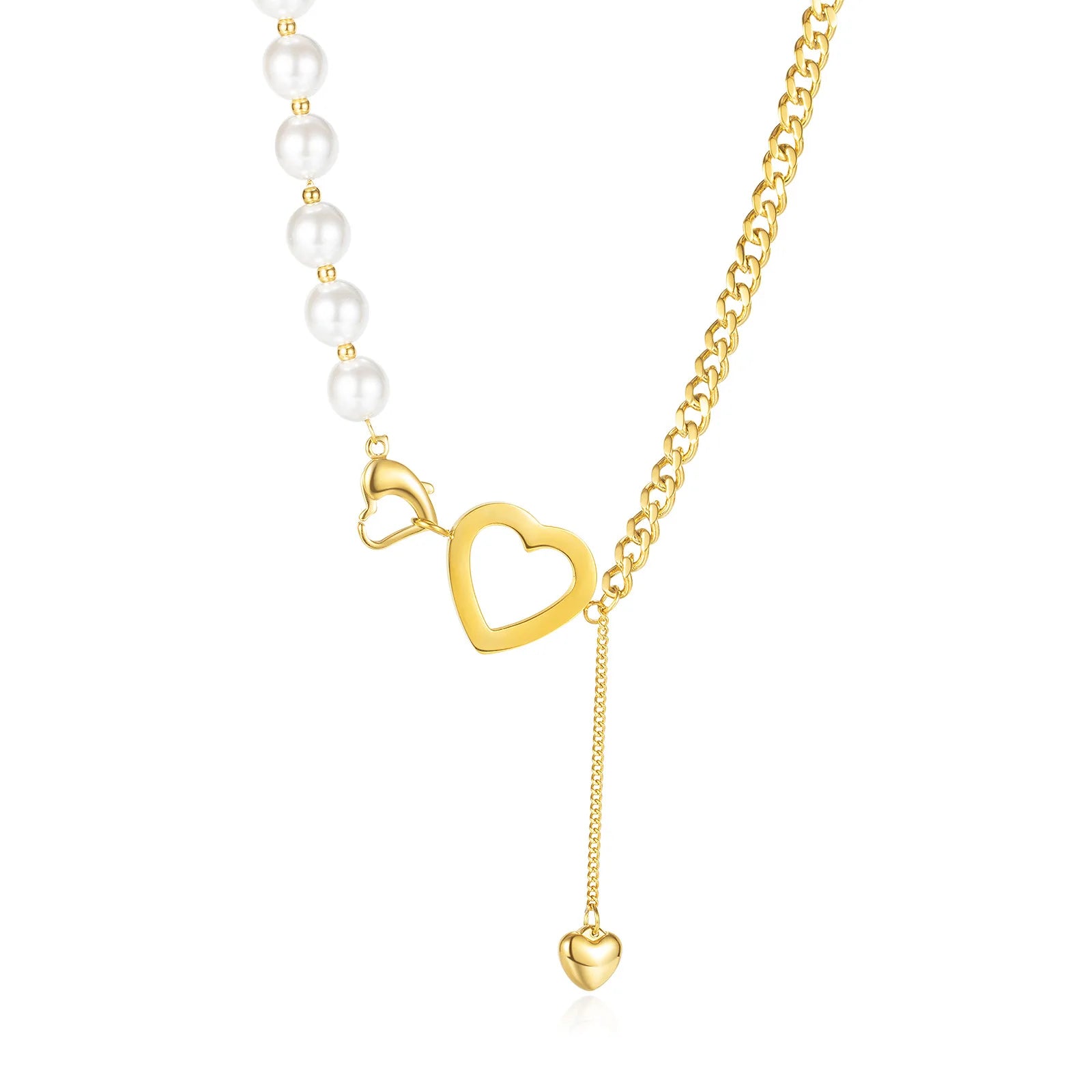 Jewelry New 18K Gold Plated 316L Stainless Steel Hollow Heart Pendant Necklace Irregular Freshwater Pearl Link Chain Necklace
