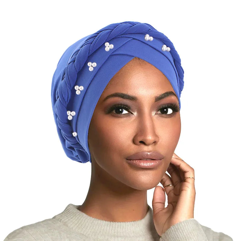 Wholesale Custom Logo Hair Accessories Polyester Spandex Bohemian Beaded Braid Turban Head Wrap Muslim Hijab Turban for Women