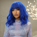 Factory Fast Delivery Blue Short Bob Cosplay Lolita Synthetic Wigs Water Wavy Hair Wig with Bangs for Women