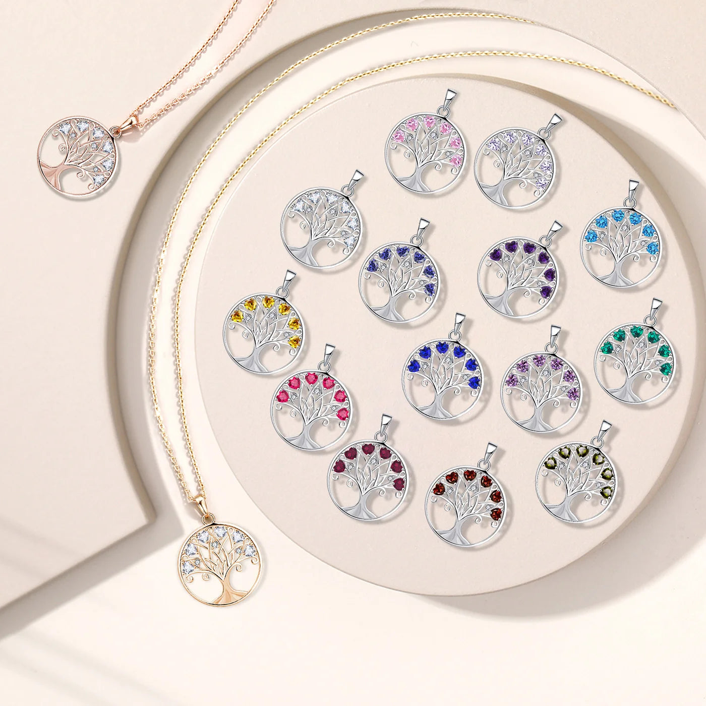 Circle Fashion Custom 925 Sterling Silver Jewelry Colorful CZ Crystal Birthstone Tree of Life Pendant Necklace