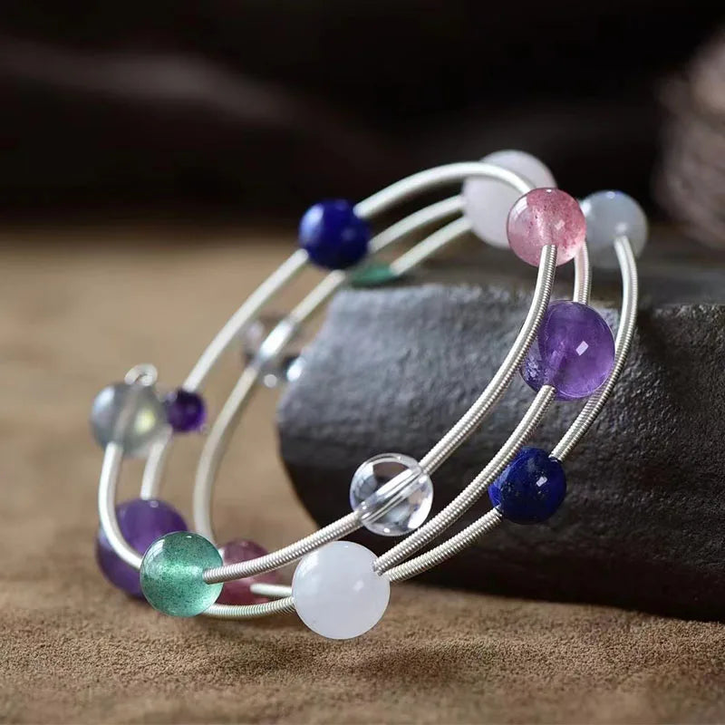 Wholesale Natural Crystal Diy Solar System Healing Beads Gemstones Silver Braid Crystal Bracelets for Decoration of Sale