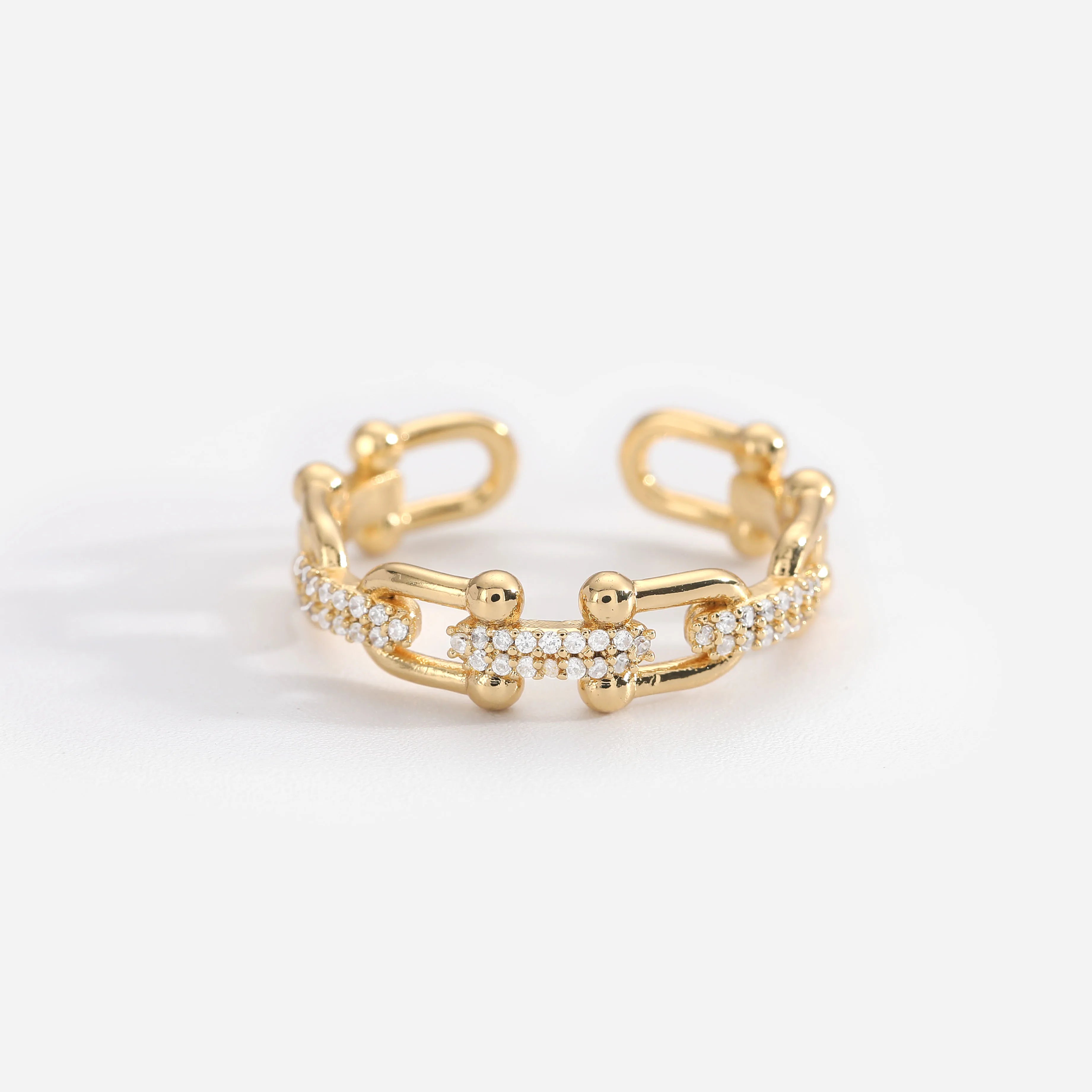 18K Real Gold Plated Cubic Zircon Opening Rings U Shaped Lock Chain Brass Rings for Women