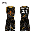 Custom Children Basketball Uniforms Short Sleeve Summer Heat Transfer Print Black and Gold Color Team Uniform Sets