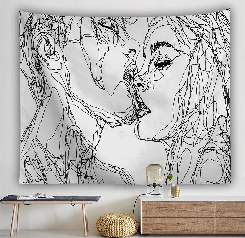 Creative Line Draw Abstract Blanket Wall Hanging Boho Decor Hippie Kiss Psychedelic Wall Tapestry
