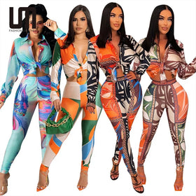 Liu Ming Autumn Wholesale Fashion 2024 New Product Print Sexy Two Piece Women Long Sleeve Crop Tops Leggings Pants Set