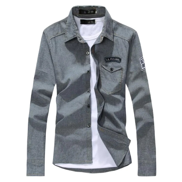 New Fashion Men Denim Shirt Autumn Long Sleeve Cowboy Slim Shirt Trendy Style Dark Blue Denim Shirts for Men