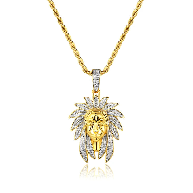JINSE Jewelry Solid Gold Plated Hip Hop Indian Chief Pendant Necklace Pendant Necklace Men