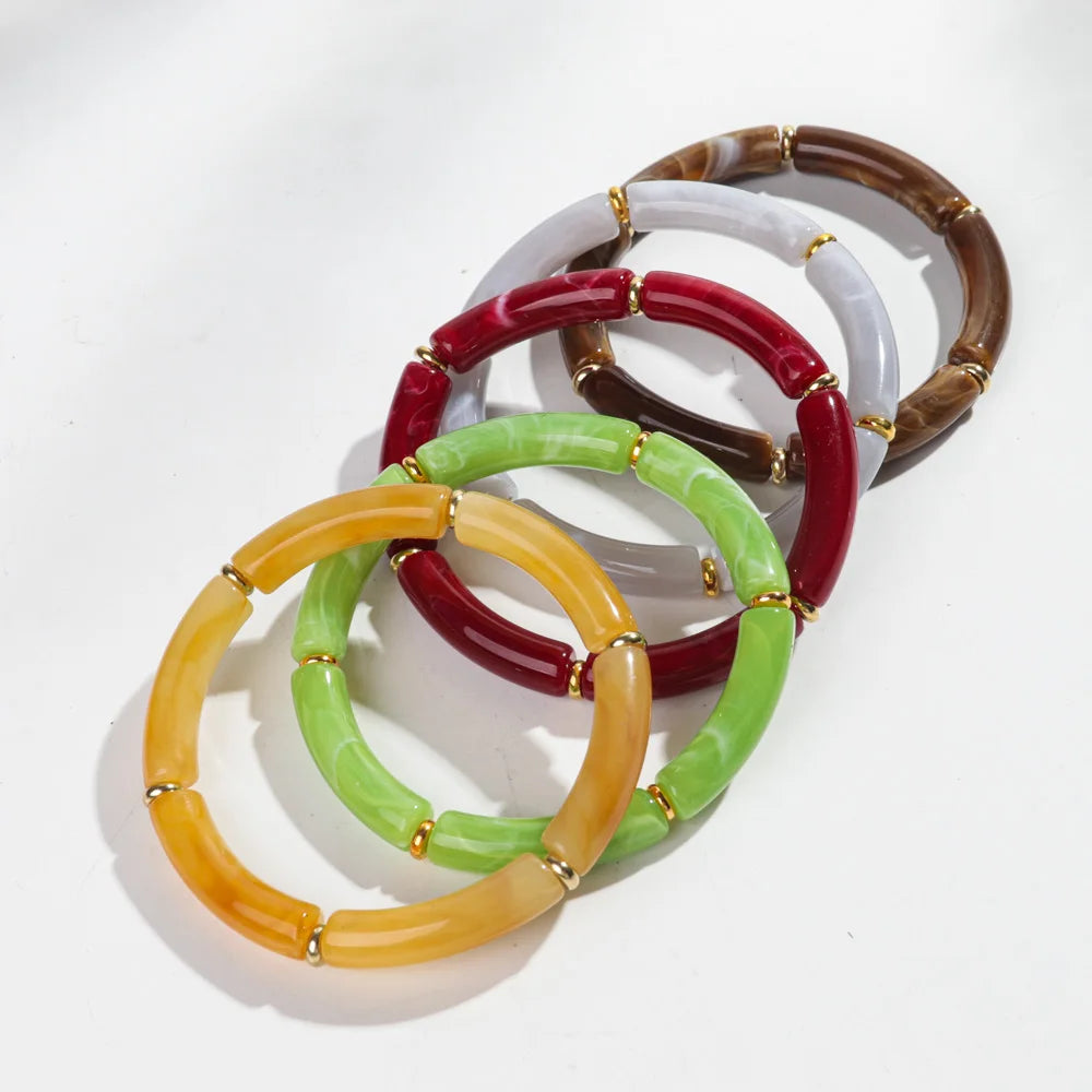Stylish Marbled Resin Bangle Bracelet Color Fine Brass Spacer Bamboo Bead Acrylic Tube Beads Bracelet 3 Pieces/set for Women