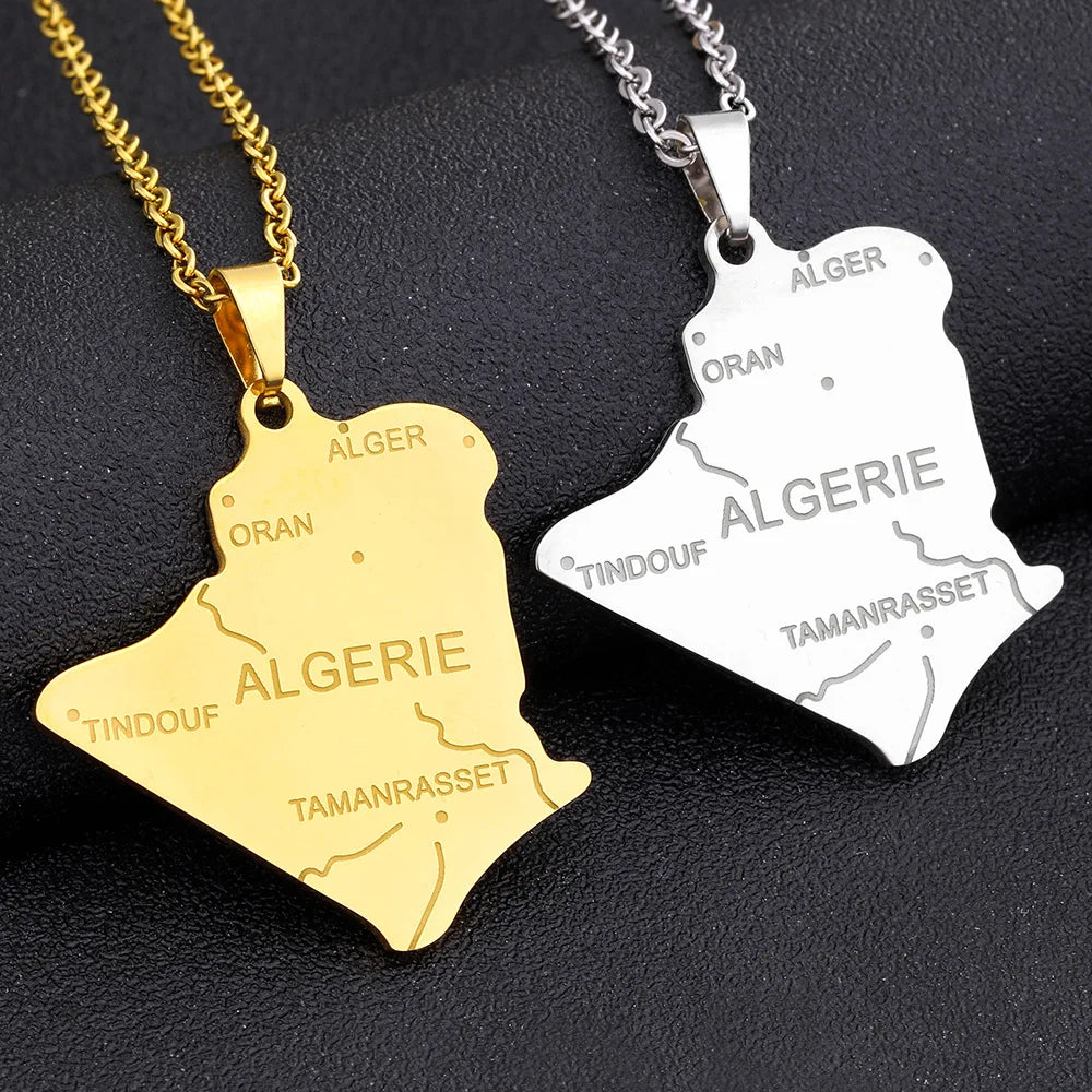 Manufacturer Stainless Steel Silver 18K Real Gold Plated Flag Charm Necklaces Algeria Map Pendant Necklace