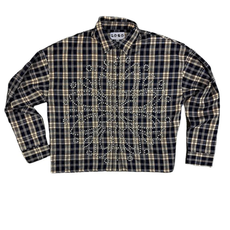 Custom Plaid Cotton Men Long Sleeve Boxy Fit Cropped Rhinestone Flannel