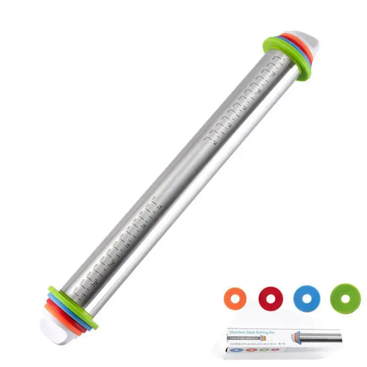 Hot Sale Stainless Steel Pastry Rolling Pin with 4 Removable Adjustable Thickness Rings Baking Tool for Baking & Home Use
