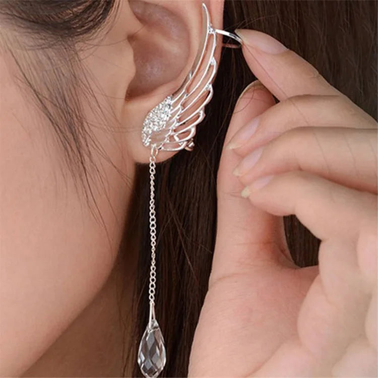 Tassel Angel Wing Earrings: Long-length Earrings with Delicate Micro-set Rhinestones Clip-on Design Stylish Ear Accessories