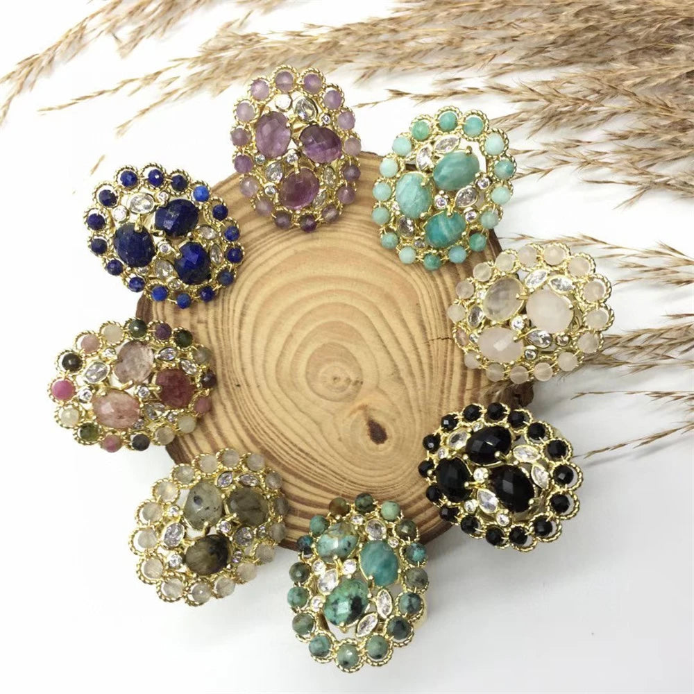 Exaggerated Natural Crystal Quartz Tourmaline Oval Stone Ring Fashion Jewelry Amazonite Amethyst Adjust Rings Jewelry Women