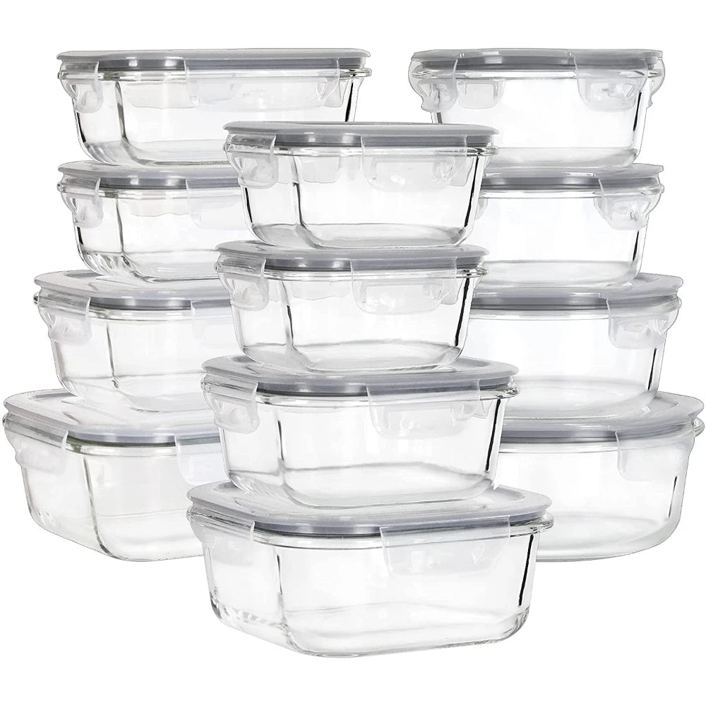 Glass Food Storage Containers with Lids 24 Piece Meal Prep Containers Airtight Glass Bento Boxes(12 Lids & 12 Containers)