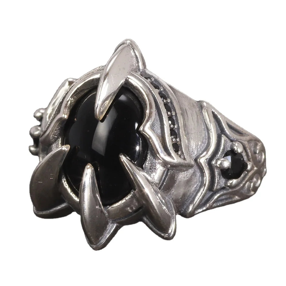 Really Pure 925 Silver Ring Cool Antique Paw Ring Men's Natural Stone Oval Black Agate Retro Hip Hop Adjustable Jewelry