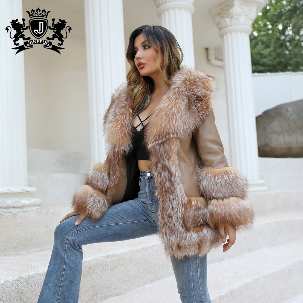 Genuine Sheepskin Coat with Natural Golden Fox Fur Collar Luxury Winter Fox Fur Leather Jacket for Women