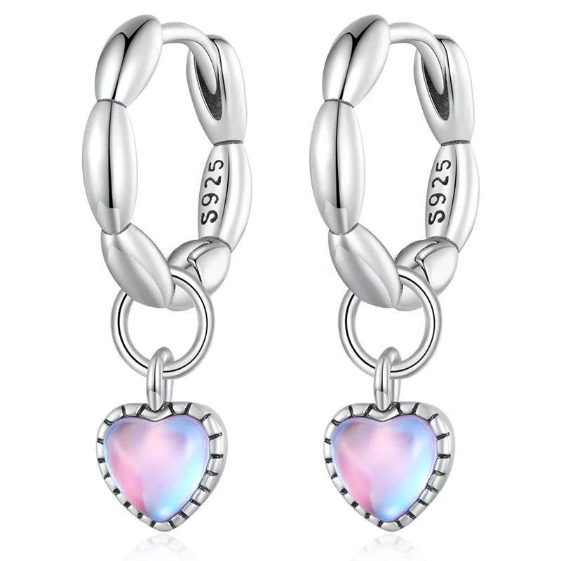 925 Sterling Silver Colorful Heart-shaped Moonstone Earrings Pave Setting CZ for Women Fashion Fine Jewelry