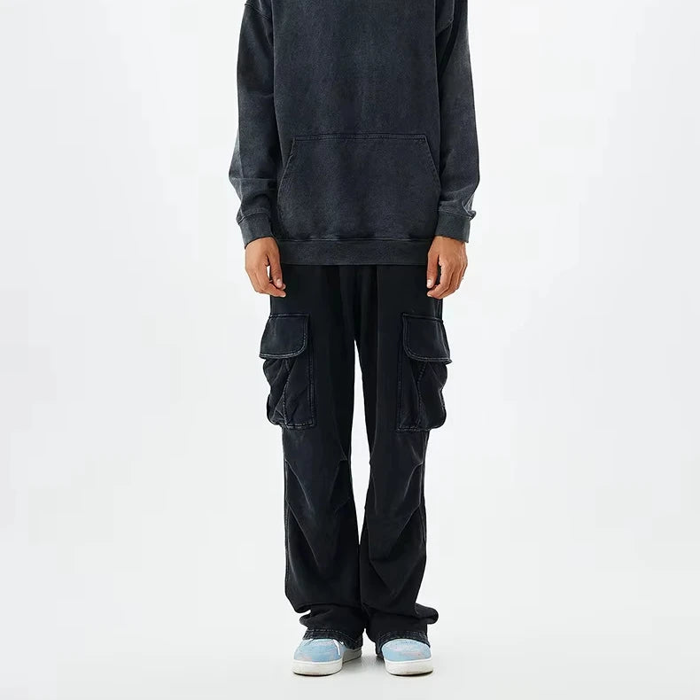 Drawstring Wide Leg Pants With 6 Pockets Vintage Retro Wash Sweatpants Men's Casual Cargo Pants