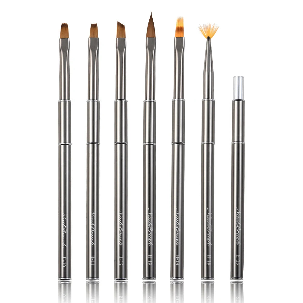 NEW 2021 Customized NylonHair Poly Gel Nail Set Travel Metal Sliver Handle  Painting UV Gel Liner Nail Brush Set