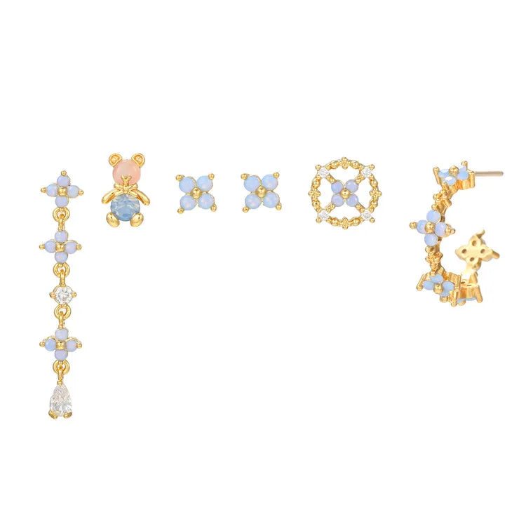 SP Dainty New Fashion Zircon Jewelry Long Link Blue Flower Stud Earrings Sets for Women