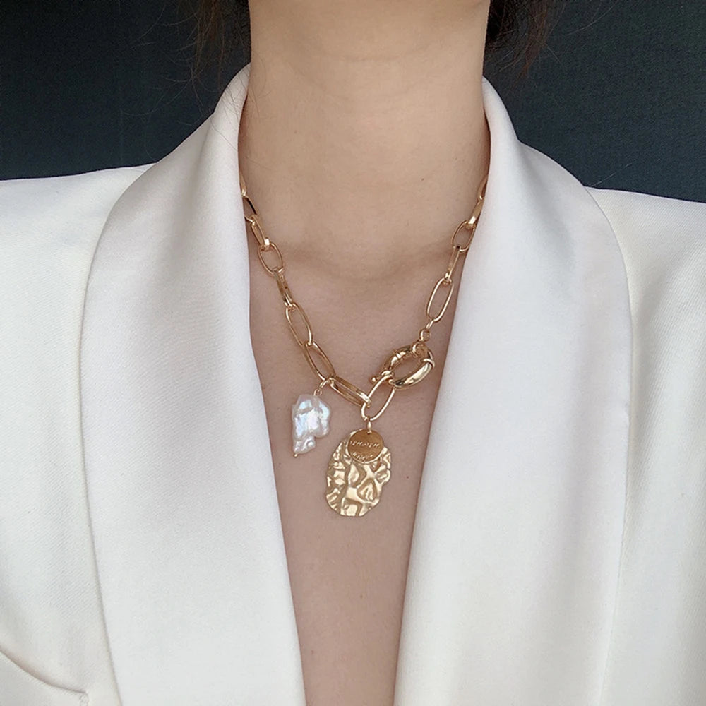 Pearl Layered Necklace Paper Clip Chain Choker Necklace OT Clasp Multilayer Necklace Fashion Accessories for Women and Girls MegaBDM