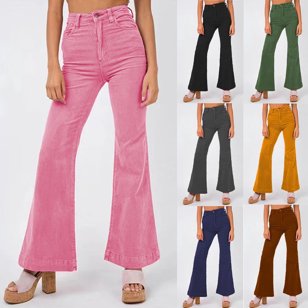 2023 Women's Spring Fashion New Corduroy Flare Pants Wide Leg Pants Solid Color Casual Pants