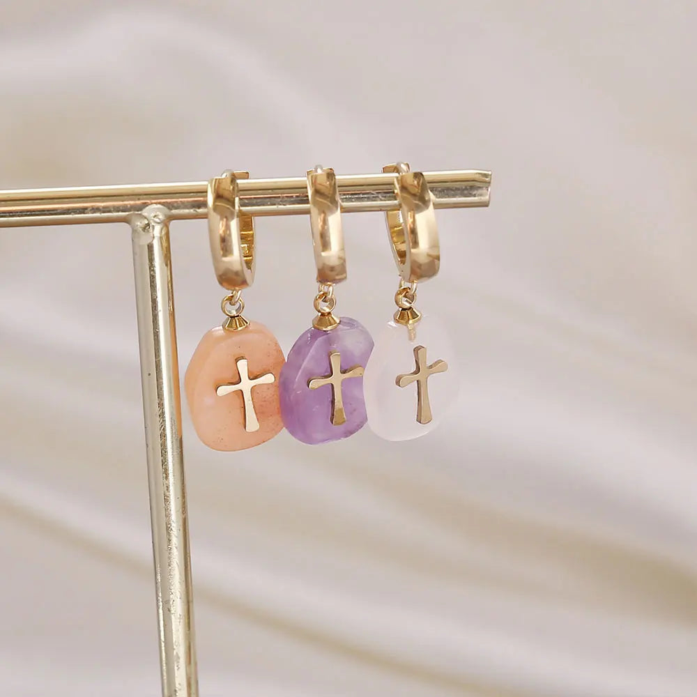 Stainless Steel Natural Gem Stone With the Jesus Cross Engraving Charm Pendant Drop Dangle Earring Women Sell by Piece Not Pair