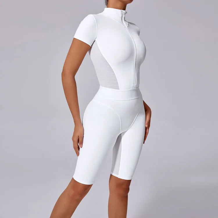 2025 New Women waist zipper short sleeve yoga jumpsuit womens mesh fitness tight sports jumpsuit high quantity LOGO custom