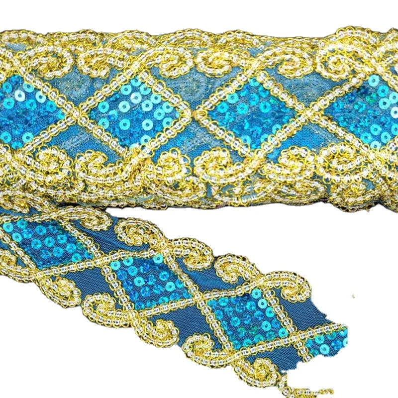10Y 6CM Net Gold Edge Lace DIY Stage Clothing Costume Sequined Lace Trim Mesh Embroidery Lace Fabric for Curtain Sewing Trimming