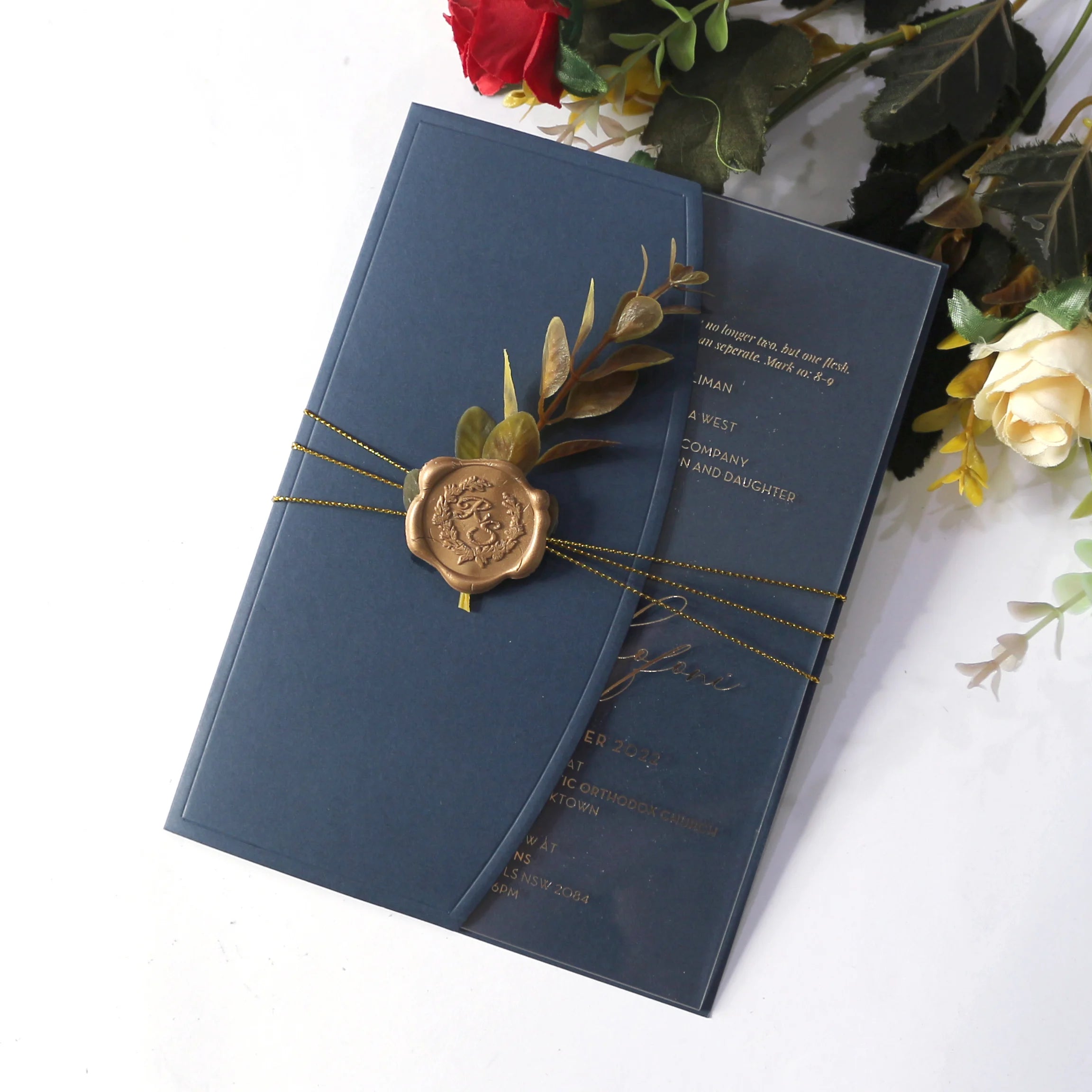 Luxury 5*7 Inches Clear Acrylic Wedding Invitation Match Navy Envelope Cover With Wax Seal & Dried Plants