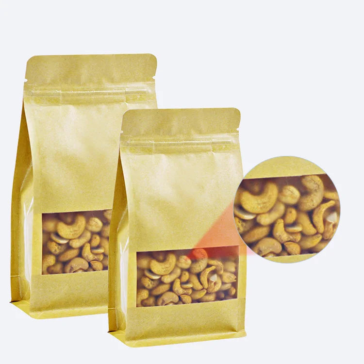 Resealable Recyclable Smell Proof Moisture-Proof Snack Candy Dried Fruit Nuts Food Packaging Bag Brown Kraft Paper Household