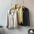 Fashion Button up Satin Silk Shirt Hi Low Vintage Blouse White Lady Long Sleeve Loose Street Shirts Solid Color Turn-down Collar