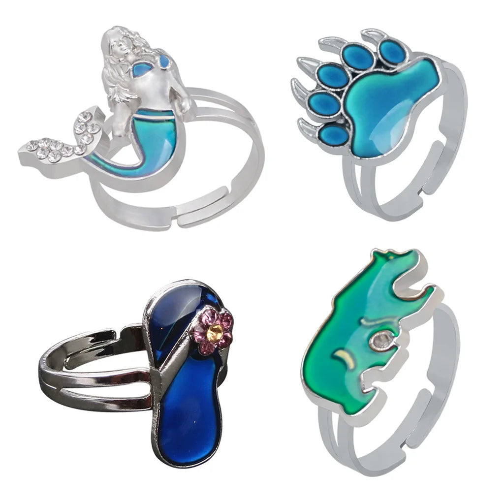 GT 2022 Epoxy Ring Mermaid/bear Paw/slippers Adjustable Size Mood Ring Temperature Sensor Ring for Child