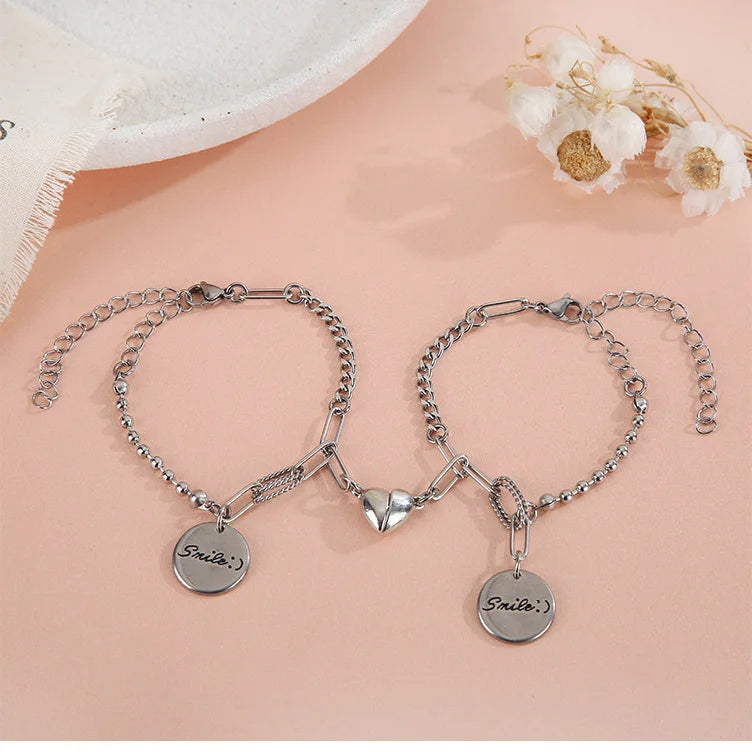 Stainless Steel Chain Heart Shape Smile Bracelet for Lover Valentine's Day Gift Couple 2pcs/set SB008