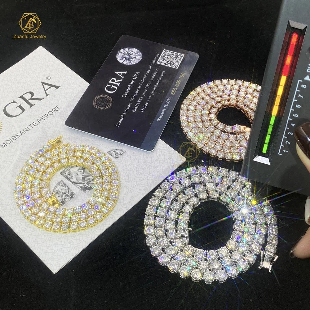 Pass Diamond Tester 925 Silver Tennis Necklace Ice Out Moissanite Chain Hiphop Jewelry Round Cut Moissanite Tennis Chain