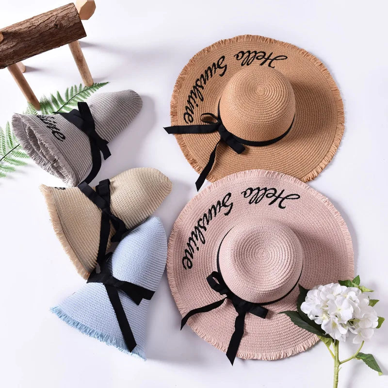 Wholesale Popular Wide Brim Floppy Sunhat Fashion Custom Embroidery Foldable Ladies Beach Straw Hats for Women