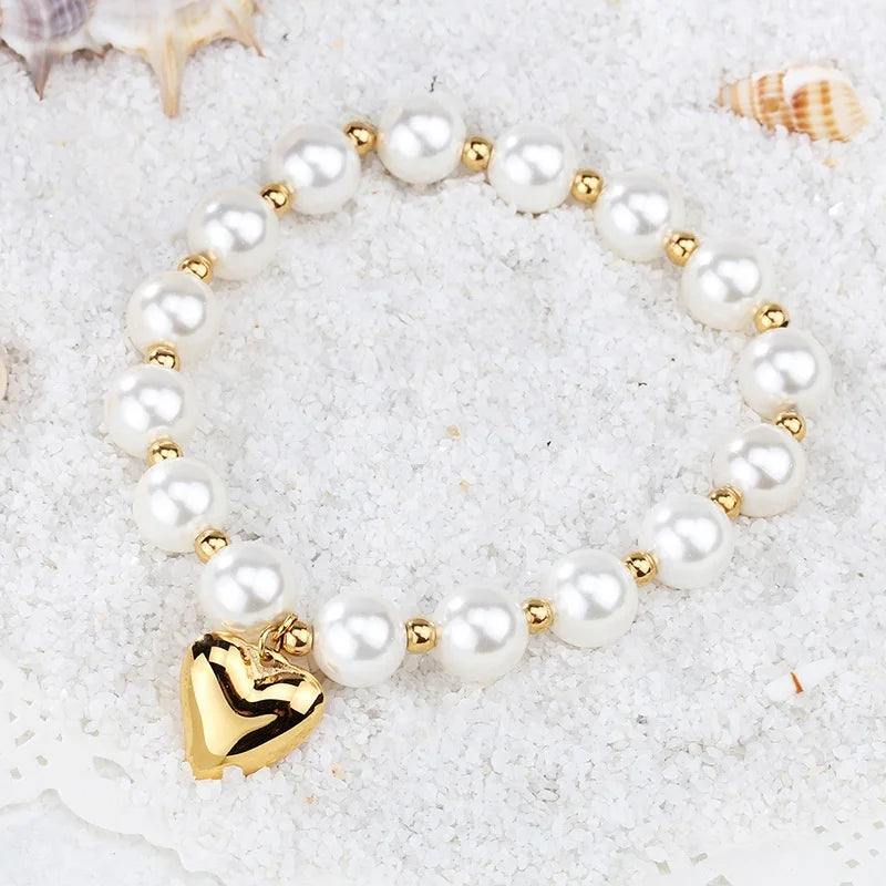 MECYLIFE 8MM Mother of Pearl Bracelet Elegant Pearl Bracelet Stainless Steel Beads Heart Charm Bracelet