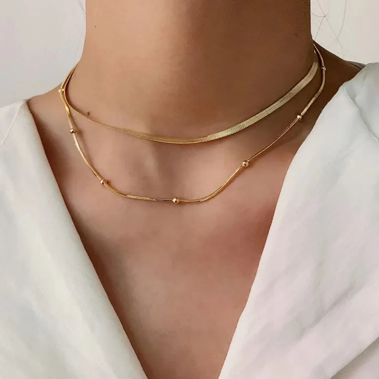 Fashion Jewelry Necklace 2 Layer Snake Bone Multi Layers Beads Stainless Steel Gold Necklace Accessories for Women