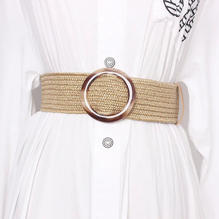Women Skinny Dress Belt Fashion Straw Woven Elastic Stretch Waist Boho Resin Round Buckle Belt